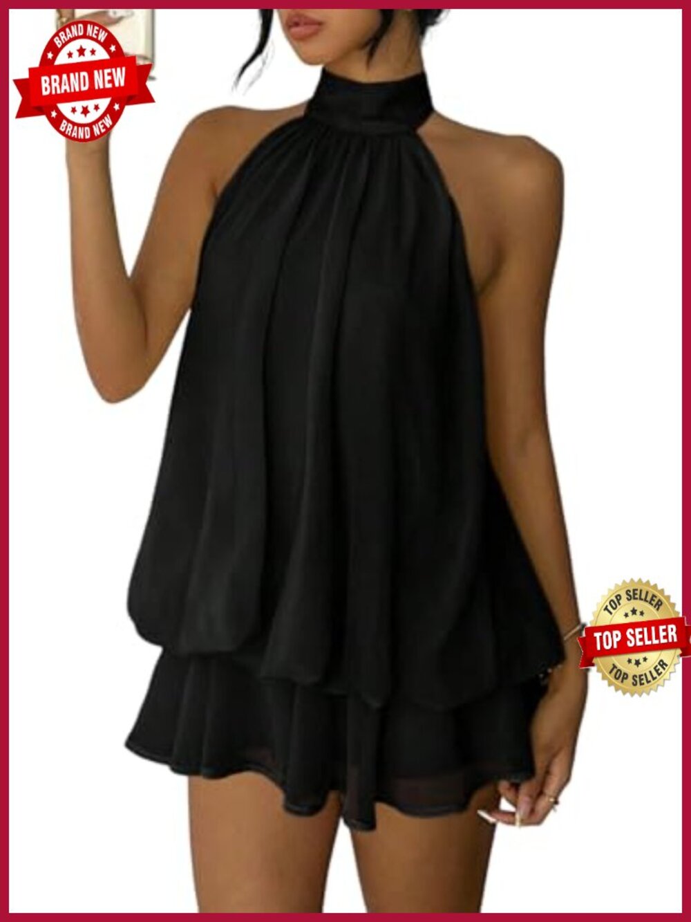 Chiffon Sleeveless Halter Neck Backless Flowy Mini Dress